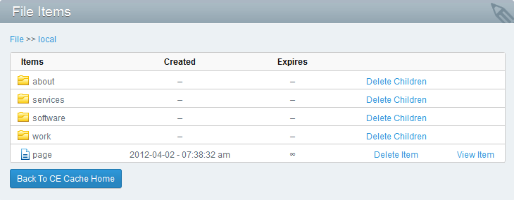 CE Cache Control Panel view items page